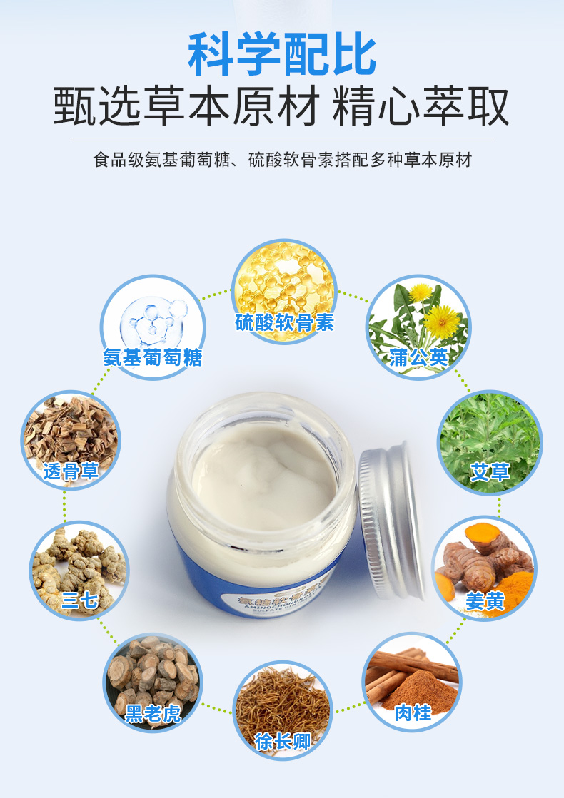 科學配比，甄選草本原材精心萃取，食品級氨基葡萄糖、硫酸軟骨素搭配多種草本原材